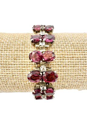 Vintage Faux Ruby Rhinestone Bracelet Silvertone Setting Fold Over Clasp 6.5"